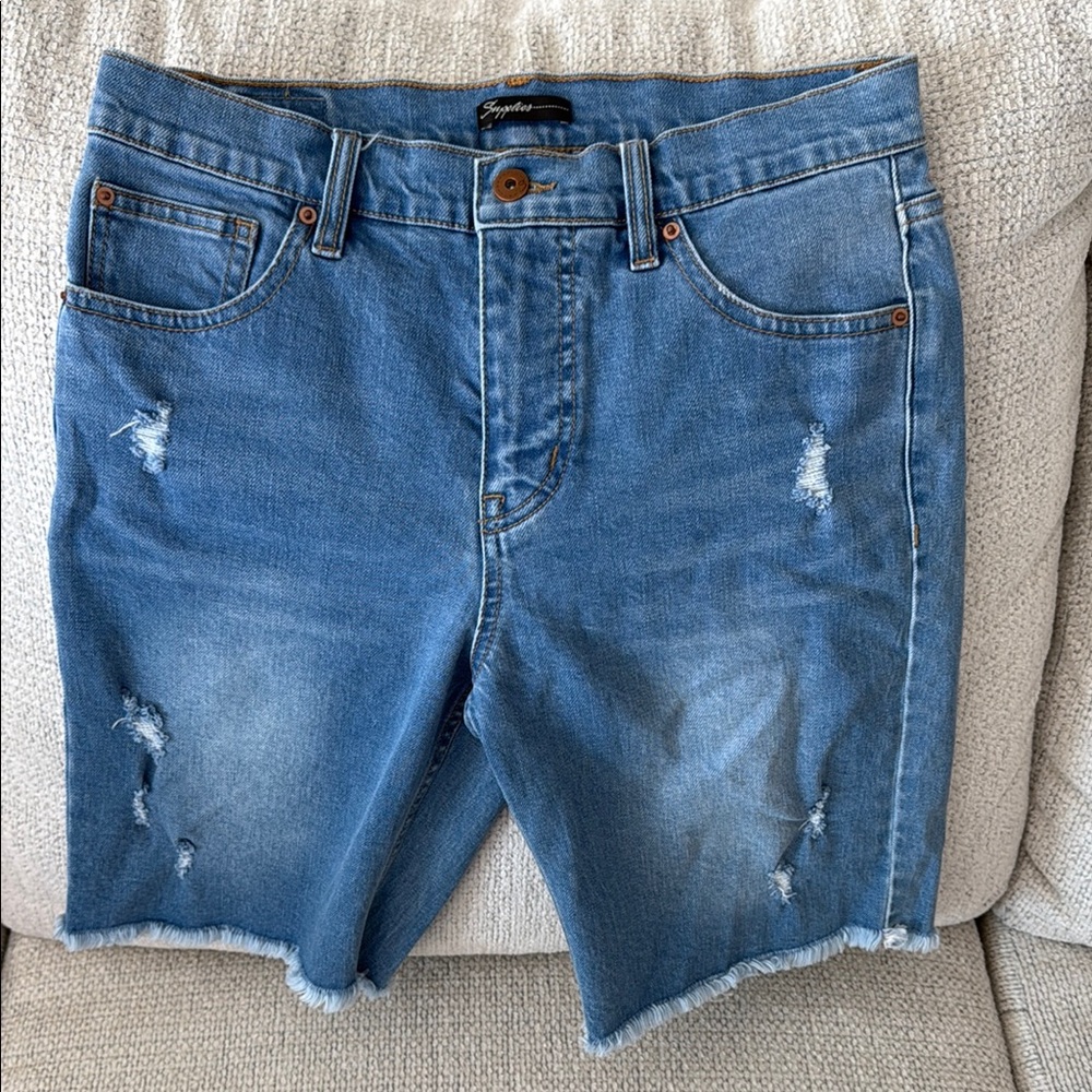 Blue Distressed Jean Shorts with Frayed Hem